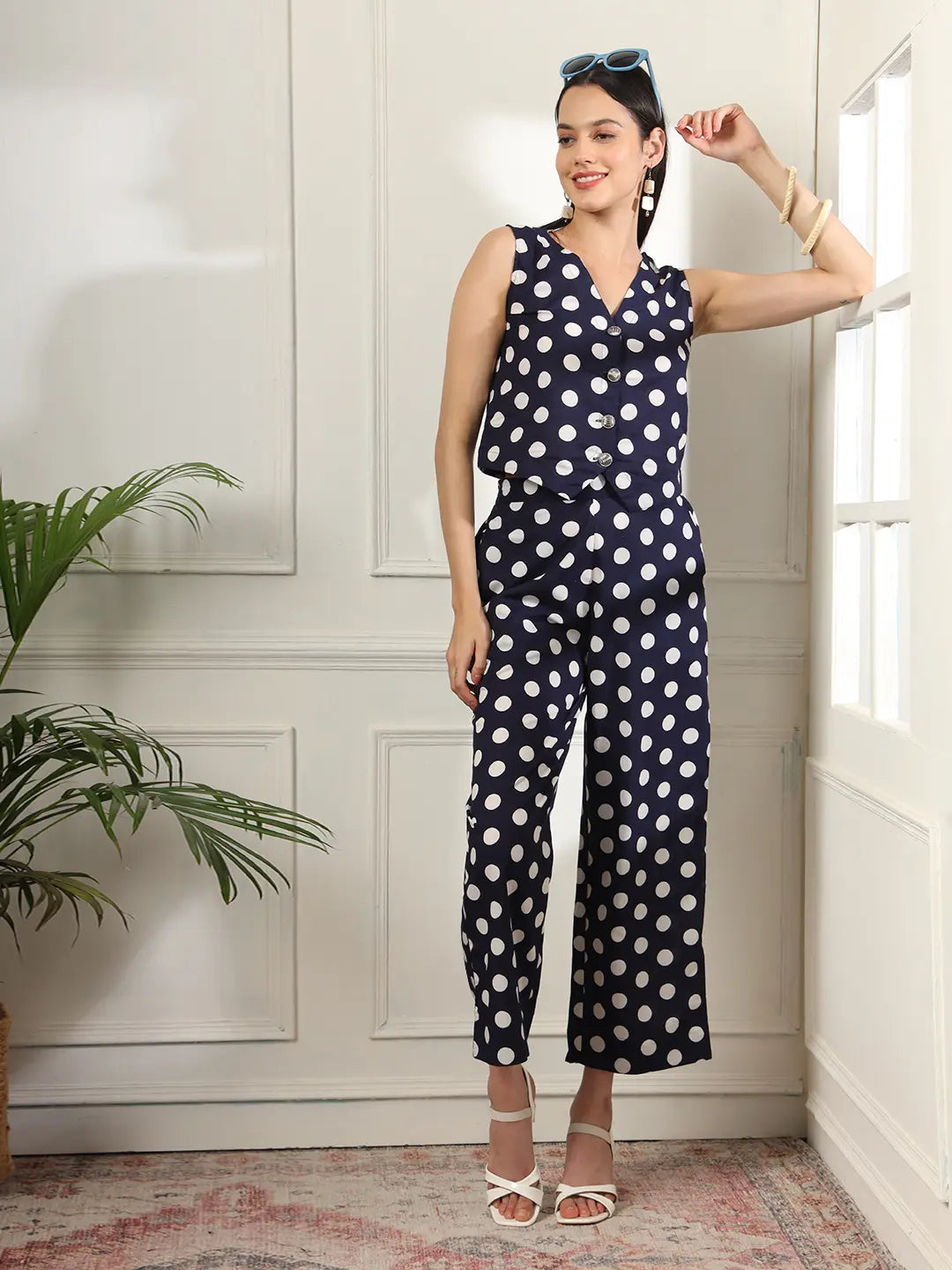 Yufta Blue Cotton Polka Dot Waistcoat Co-Ord - Swadesiicart