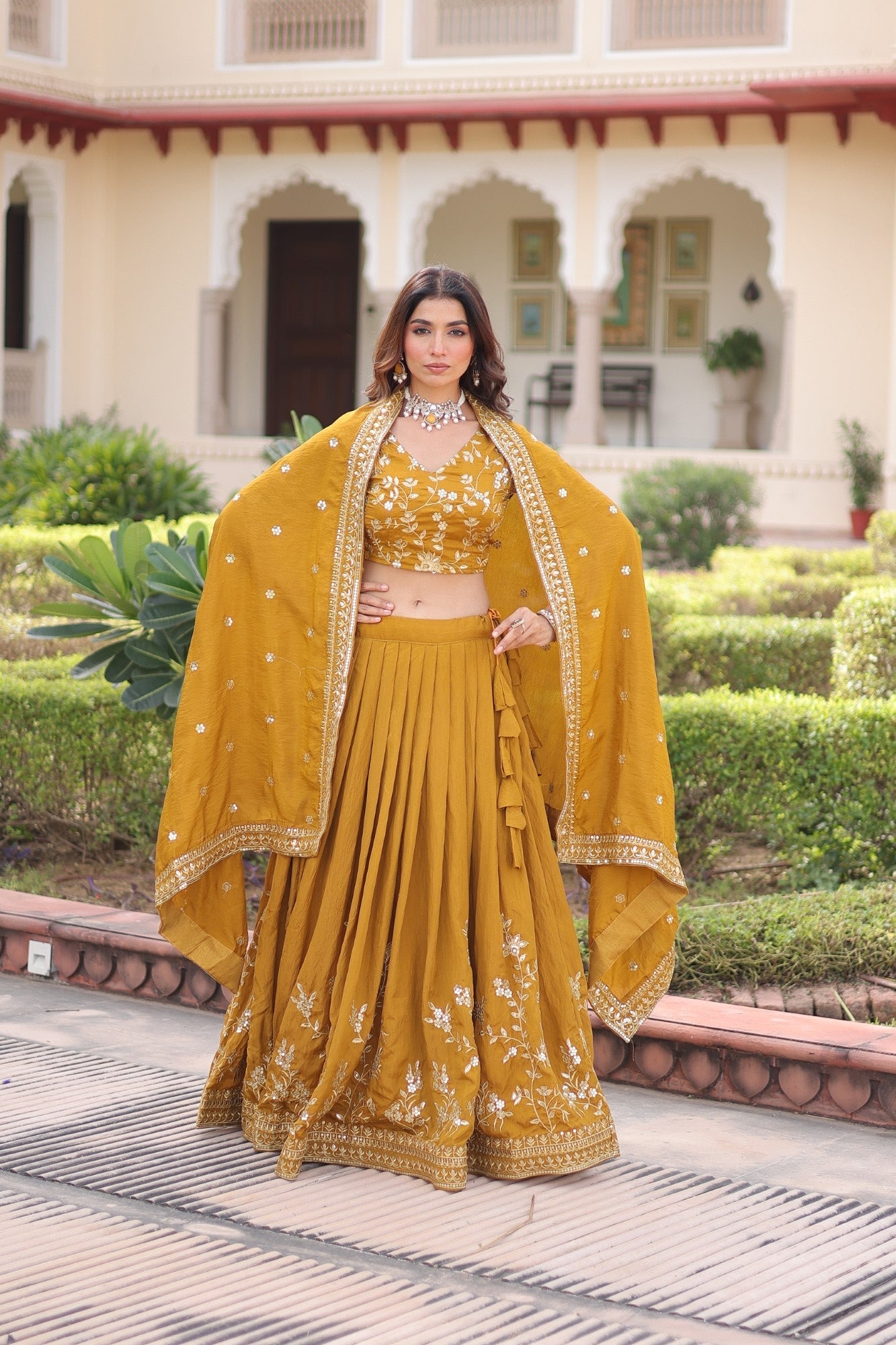 Lorenvalley Fashion Yellow NC Vichitra Silk Sequins & Zari Embroidered Work Lehenga Choli with Dupatta - Swadesiicart
