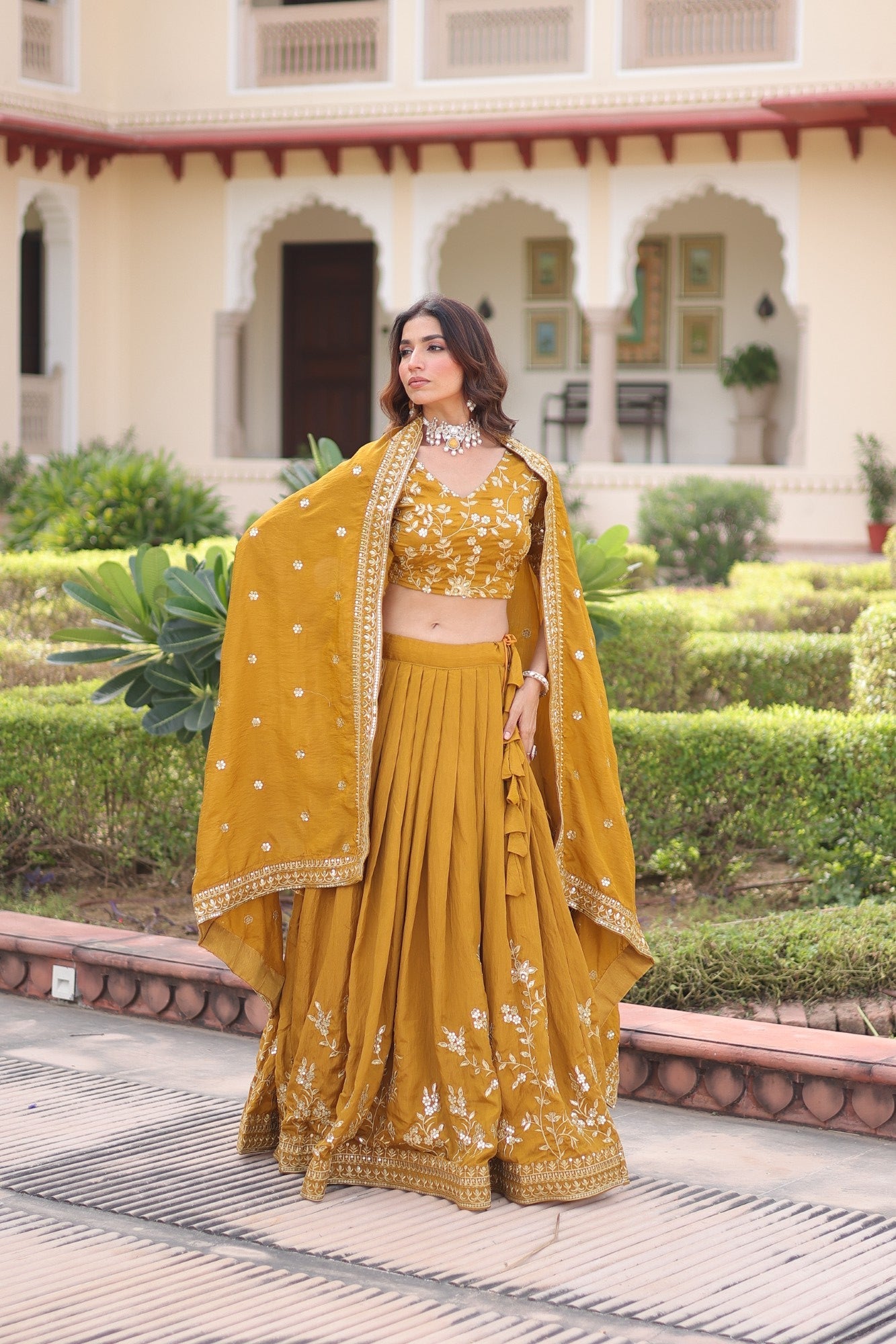 Lorenvalley Fashion Yellow NC Vichitra Silk Sequins & Zari Embroidered Work Lehenga Choli with Dupatta - Swadesiicart