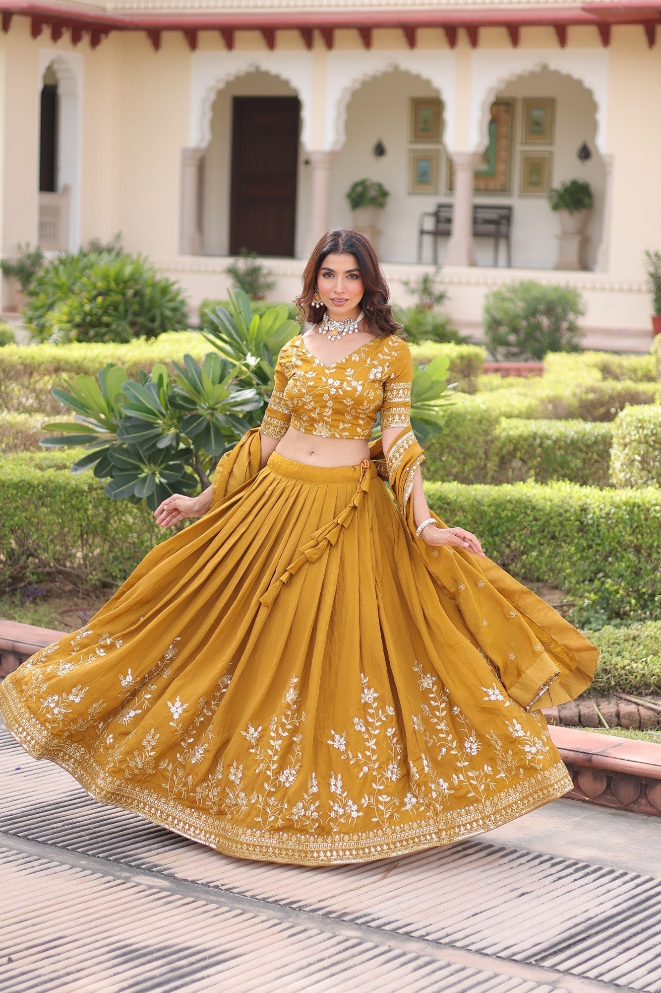 Lorenvalley Fashion Yellow NC Vichitra Silk Sequins & Zari Embroidered Work Lehenga Choli with Dupatta - Swadesiicart