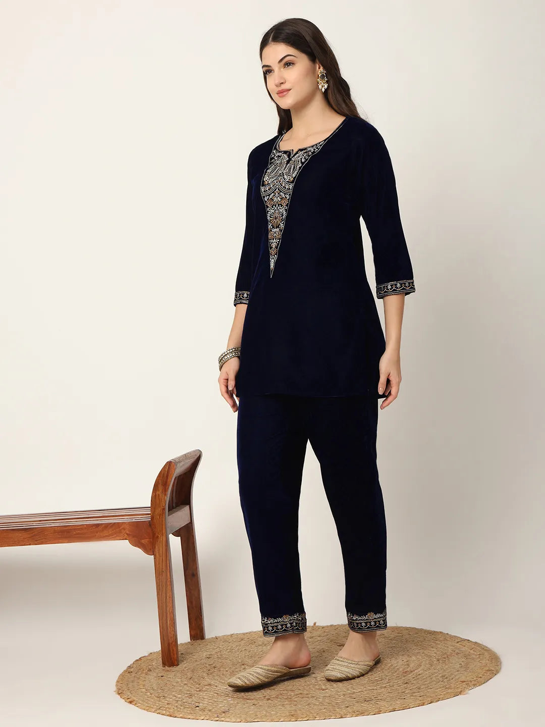 Yufta Navy Blue Velvet Embroidered Co-Ord Set - Swadesiicart