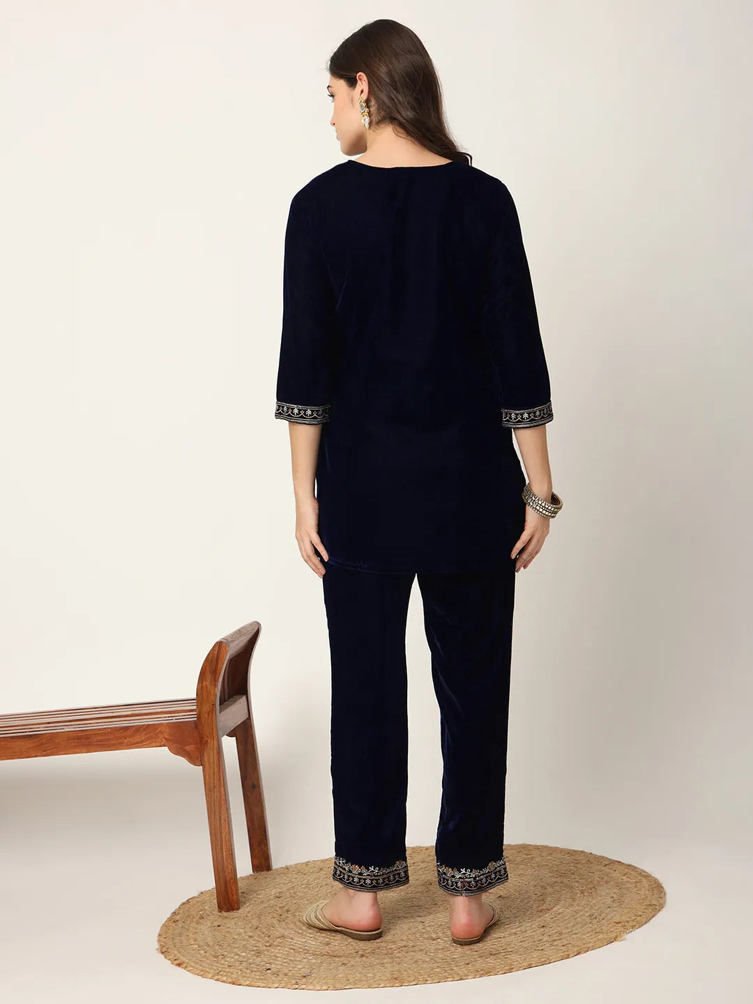 Yufta Navy Blue Velvet Embroidered Co-Ord Set - Swadesiicart