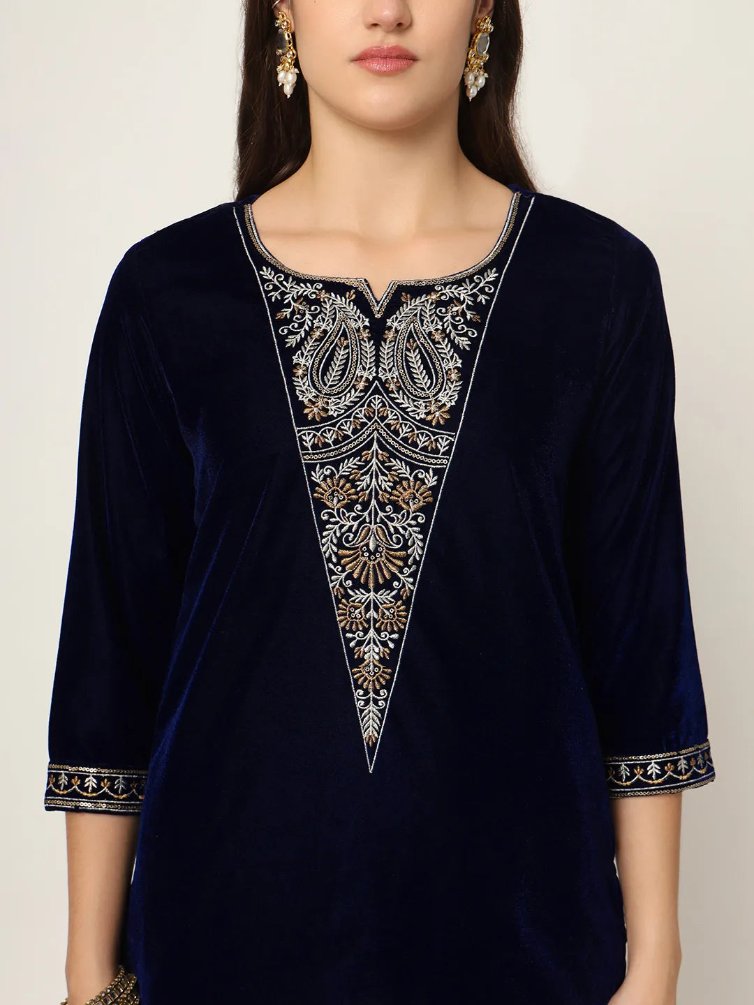 Yufta Navy Blue Velvet Embroidered Co-Ord Set - Swadesiicart