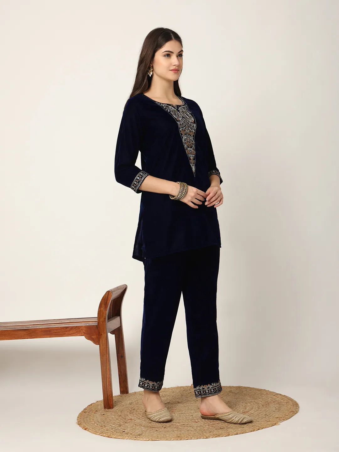 Yufta Navy Blue Velvet Embroidered Co-Ord Set - Swadesiicart