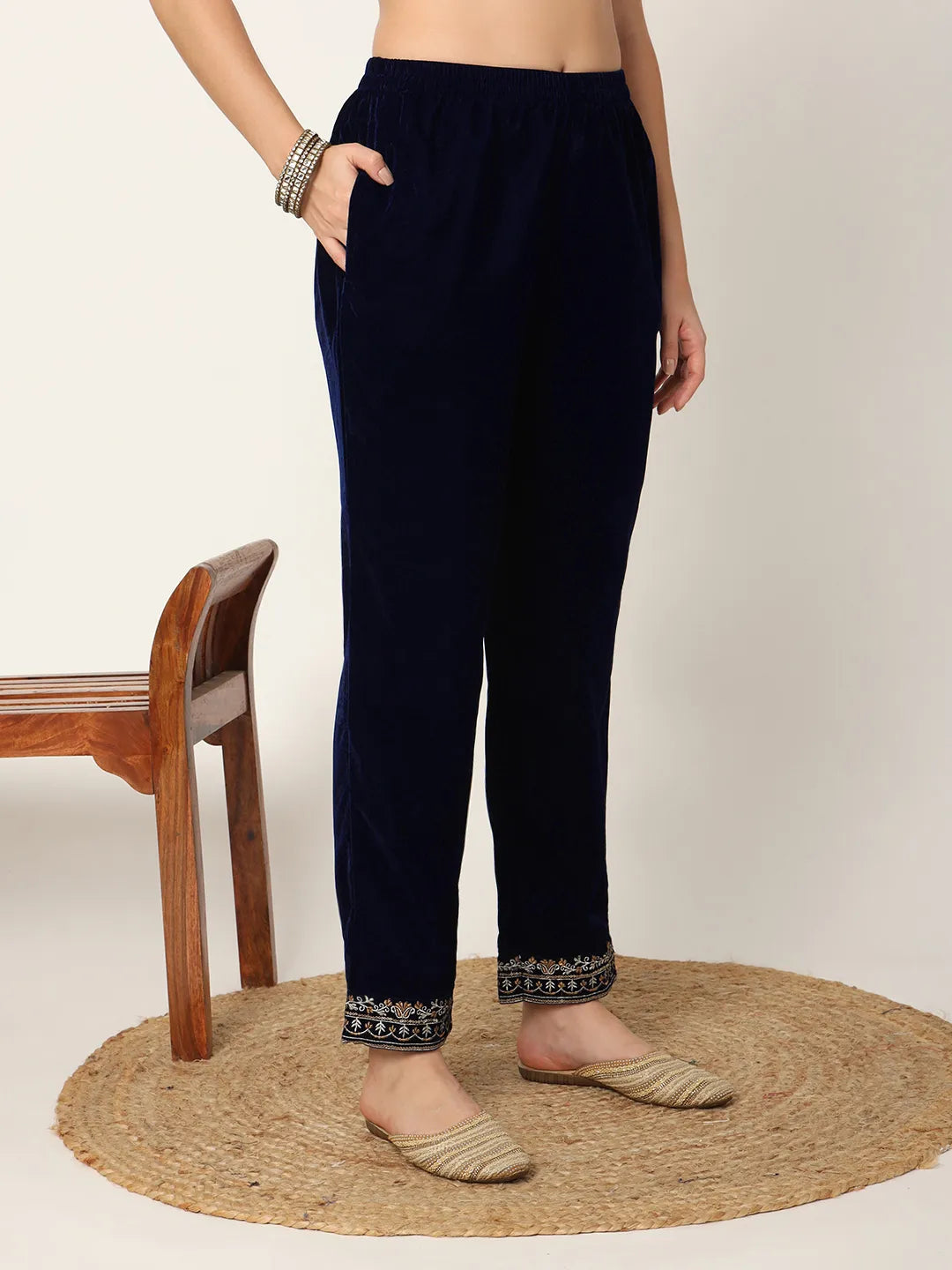 Yufta Navy Blue Velvet Embroidered Co-Ord Set - Swadesiicart