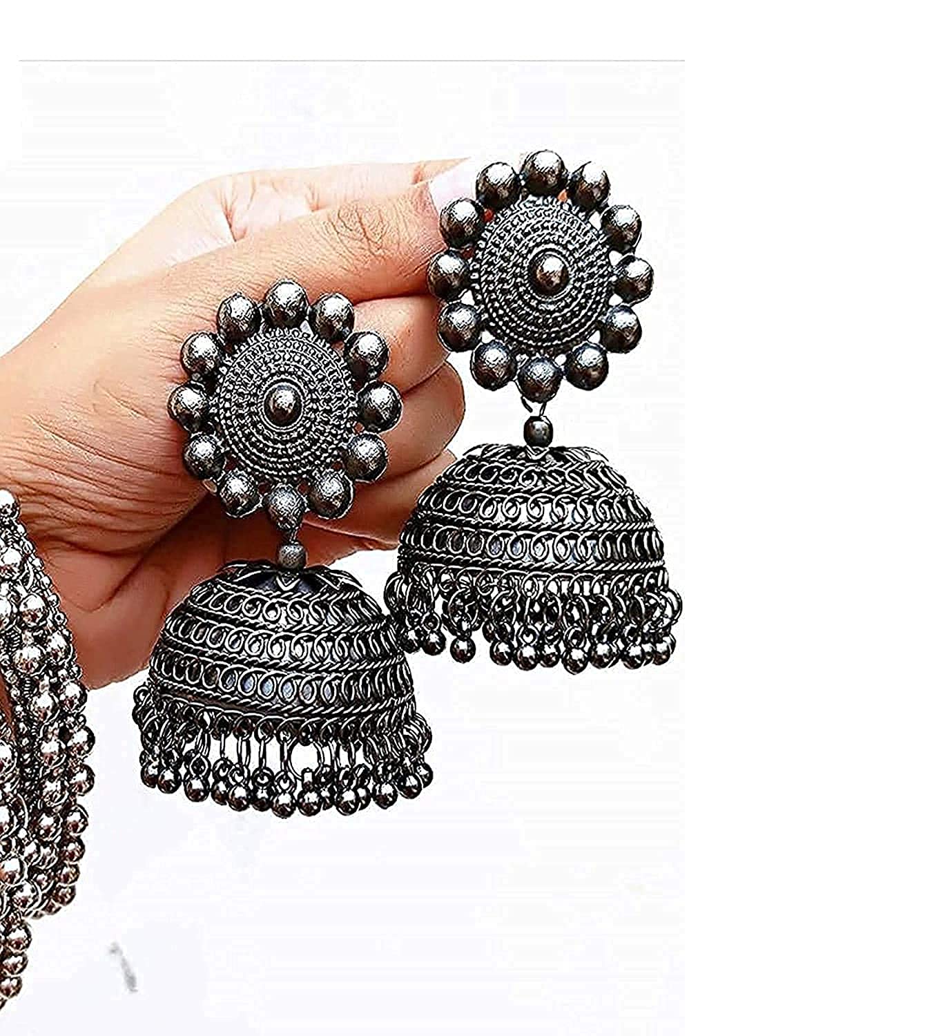 Rhodium-Plated Alloy Black Metallic Jhumki Earrings - The Pari - Swadesiicart