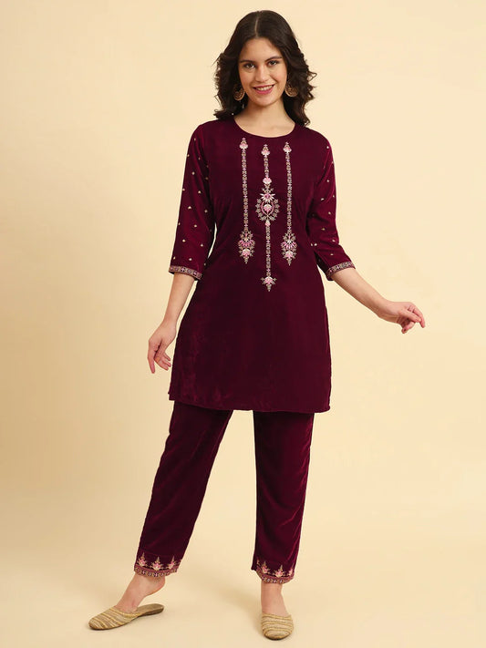 Yufta Magenta Velvet embroidered Co Ord Set With Cotton Lining - Swadesiicart