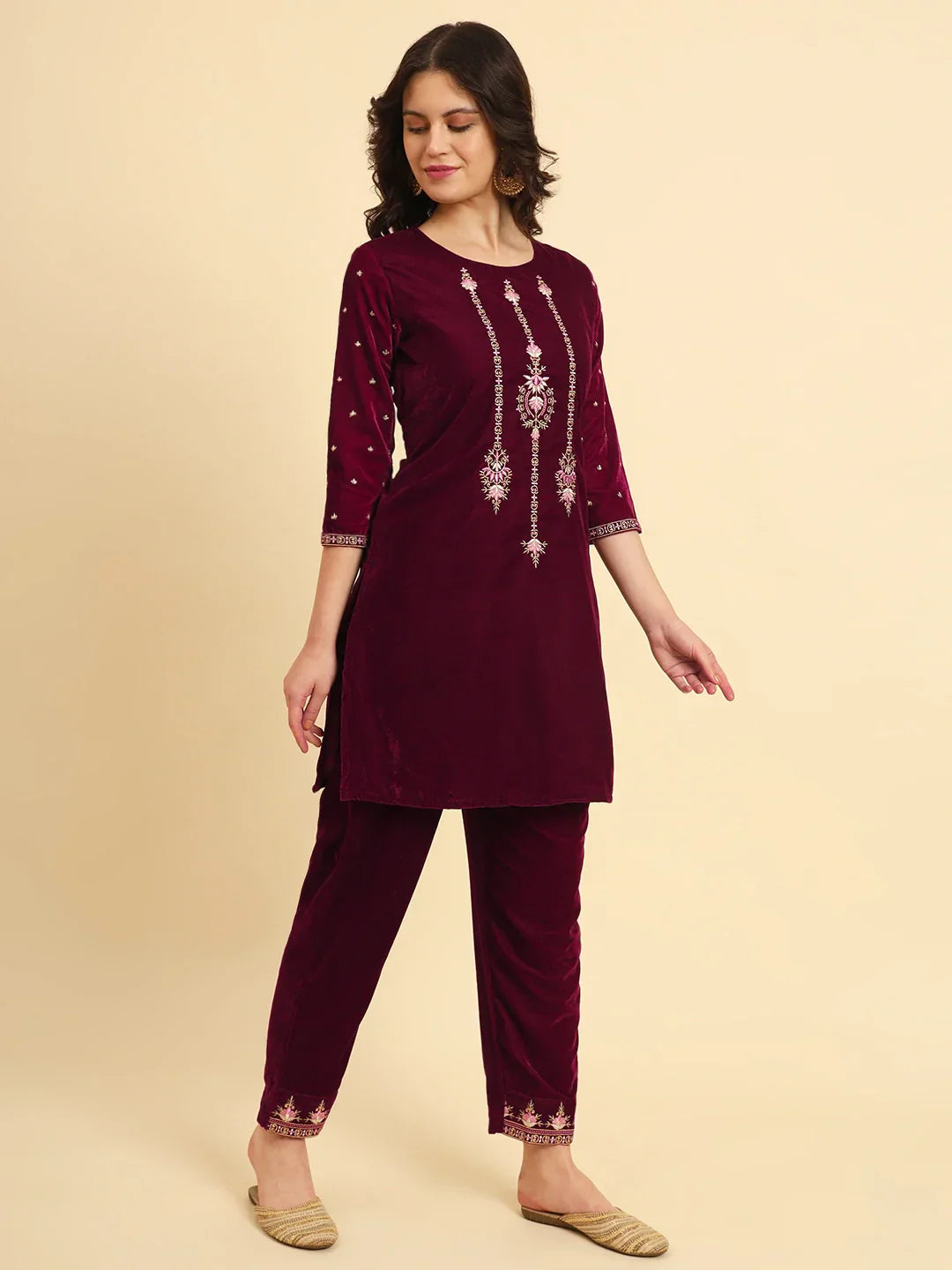 Yufta Magenta Velvet embroidered Co Ord Set With Cotton Lining - Swadesiicart