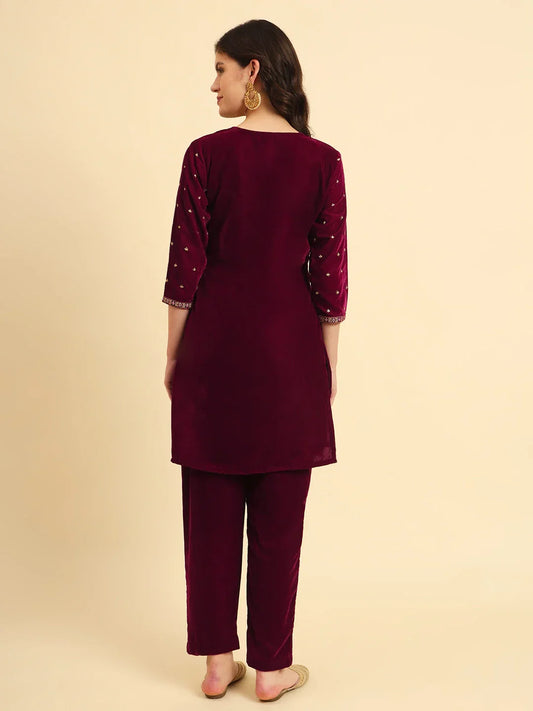 Yufta Magenta Velvet embroidered Co Ord Set With Cotton Lining - Swadesiicart
