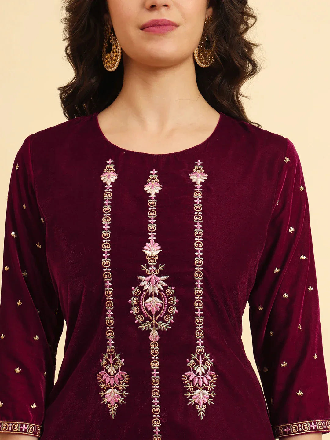 Yufta Magenta Velvet embroidered Co Ord Set With Cotton Lining - Swadesiicart