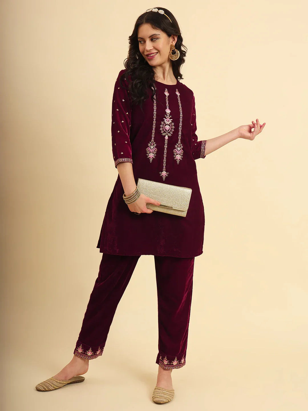 Yufta Magenta Velvet embroidered Co Ord Set With Cotton Lining - Swadesiicart