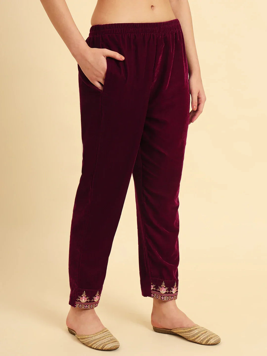 Yufta Magenta Velvet embroidered Co Ord Set With Cotton Lining - Swadesiicart