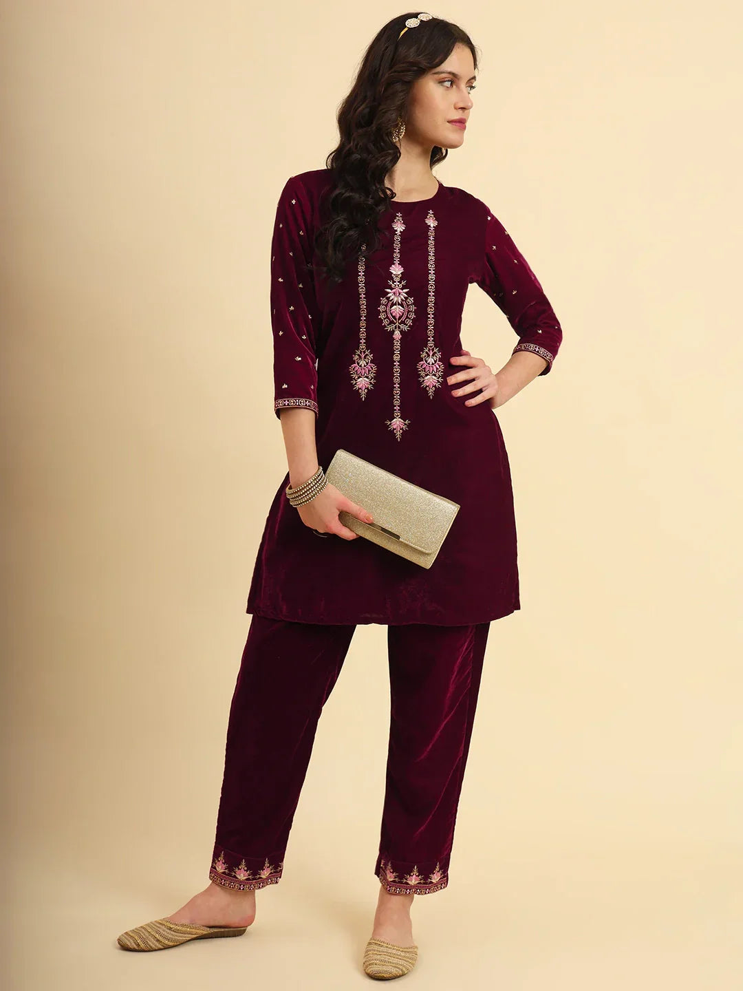 Yufta Magenta Velvet embroidered Co Ord Set With Cotton Lining - Swadesiicart