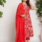 Yufta Cotton Red Anarkali Kurta Dupatta Set - Swadesiicart