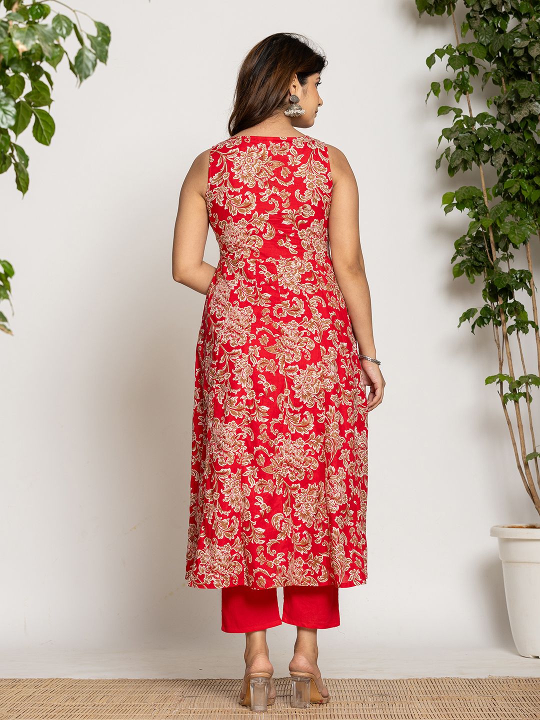 Yufta Cotton Red Anarkali Kurta Dupatta Set - Swadesiicart