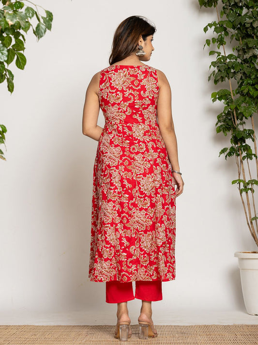Yufta Cotton Red Anarkali Kurta Dupatta Set - Swadesiicart