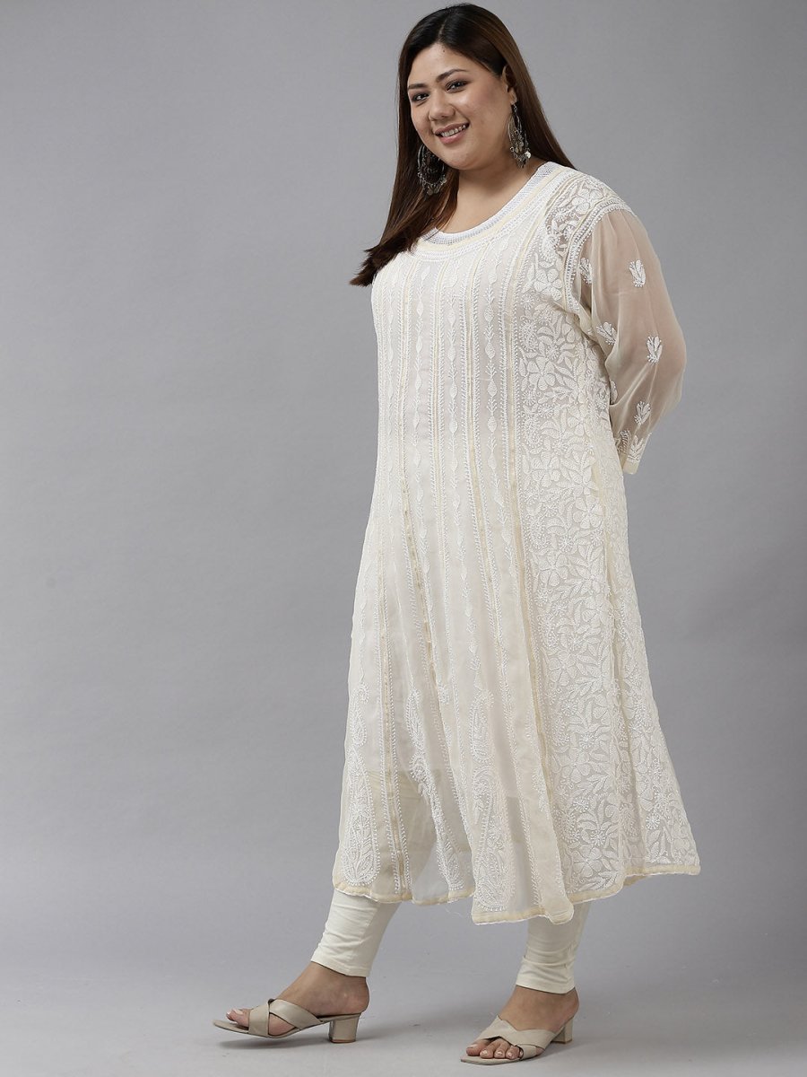 ADA Women Beige Ethnic Motifs Plus Size Chikankari Georgette Anarkali Kurta | Swadesiicart