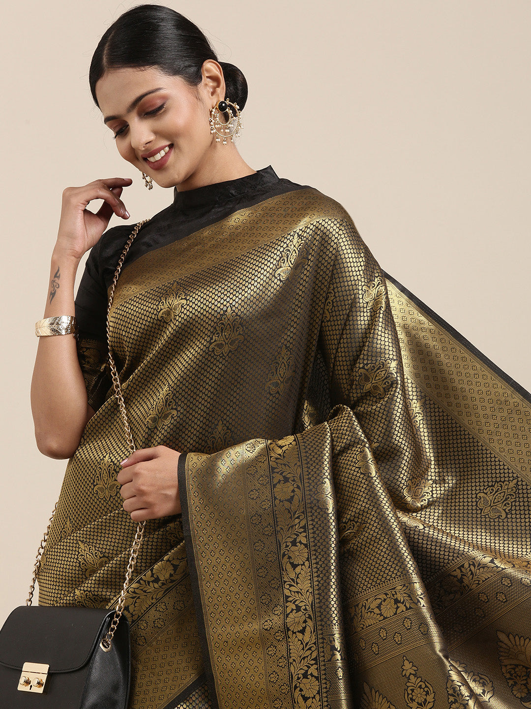 Saree Mall Black & Gold-Toned Ethnic Motifs Zari Silk Blend Banarasi Saree | Swadesiicart