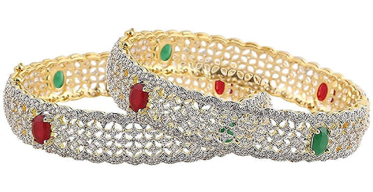 Gold-Polished Alloy American Diamond Broad Multi Bangle Set - The Pari - Swadesiicart