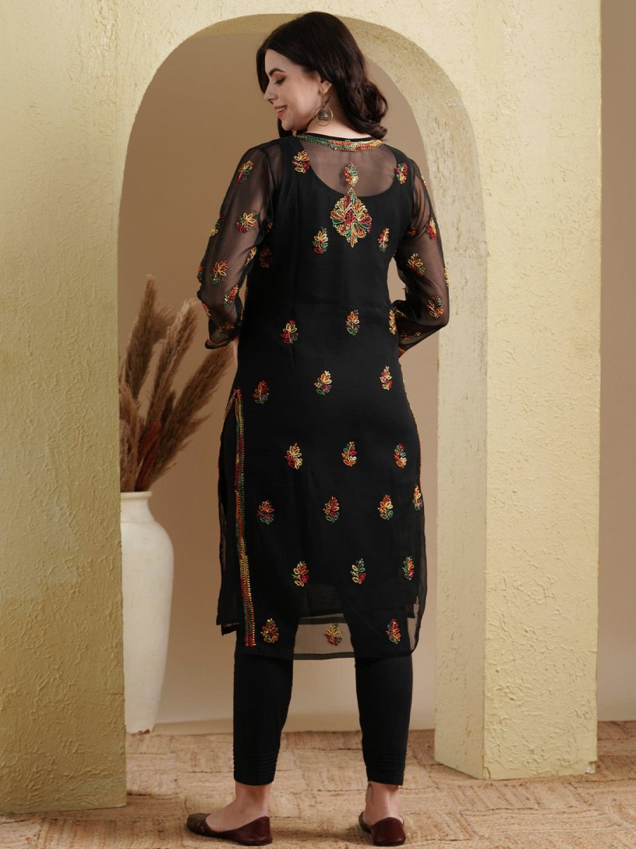 ADA Women Black Embroidered Regular Chikankari Kurta with Trousers | Swadesiicart