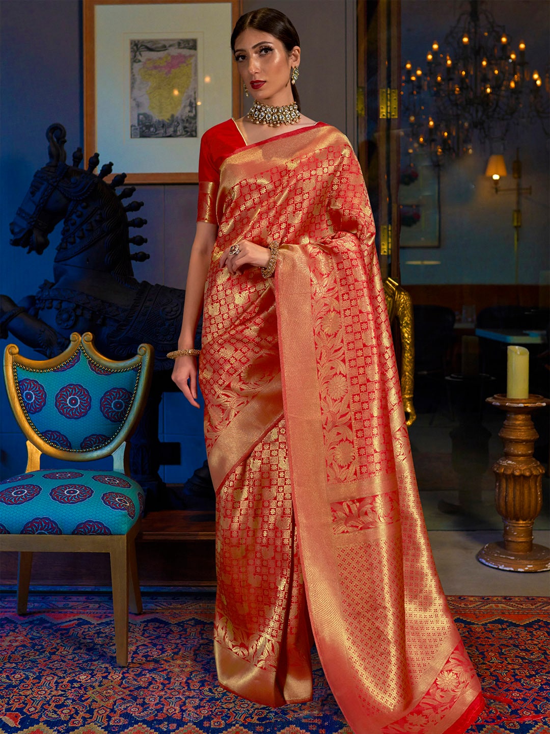 Mitera Red & Gold-Toned Woven Design Zari Silk Blend Banarasi Saree | Swadesiicart