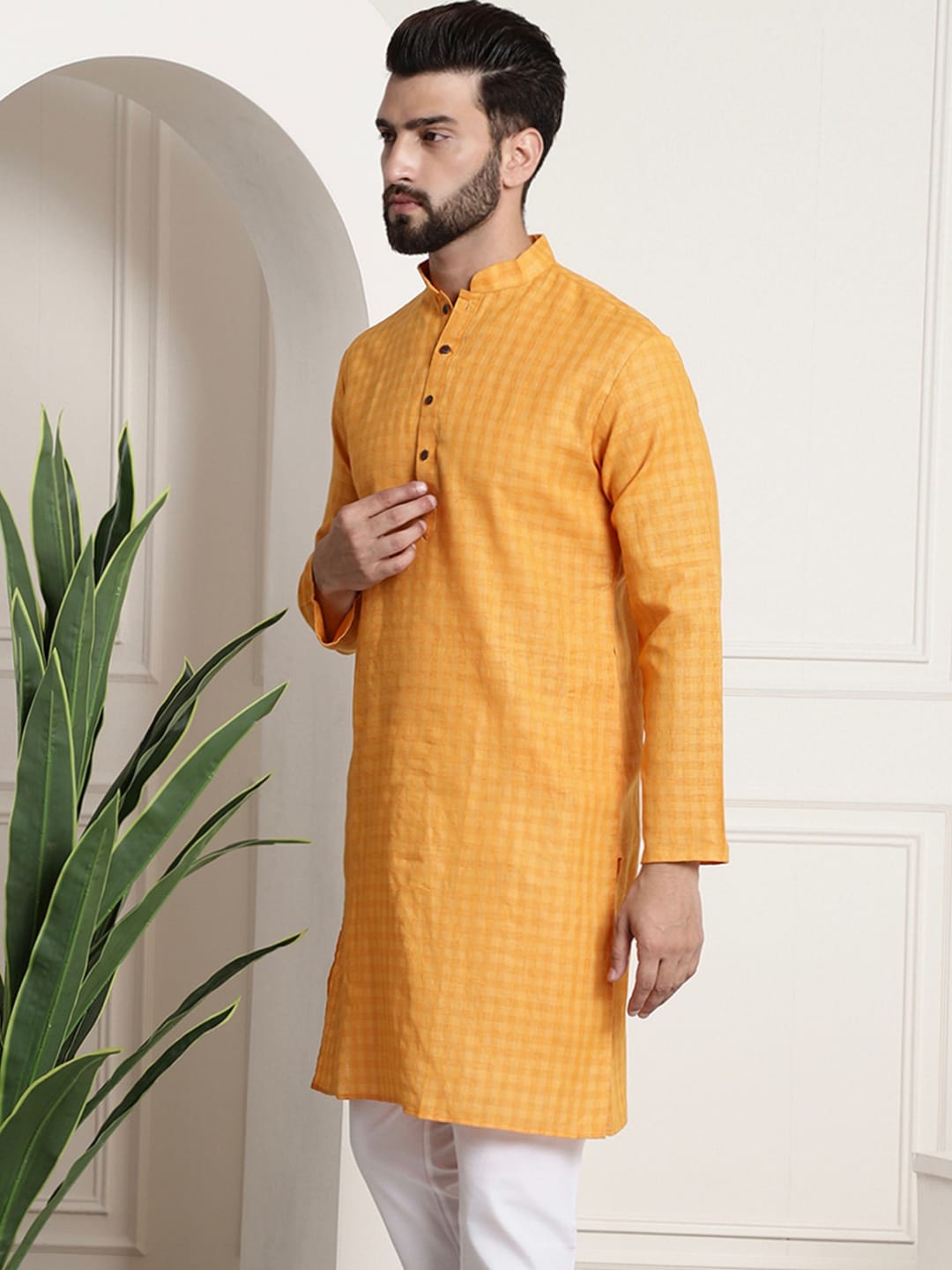 Sojanya Men Mustard Yellow Dobby Self-Checked Straight Kurta | Swadesiicart