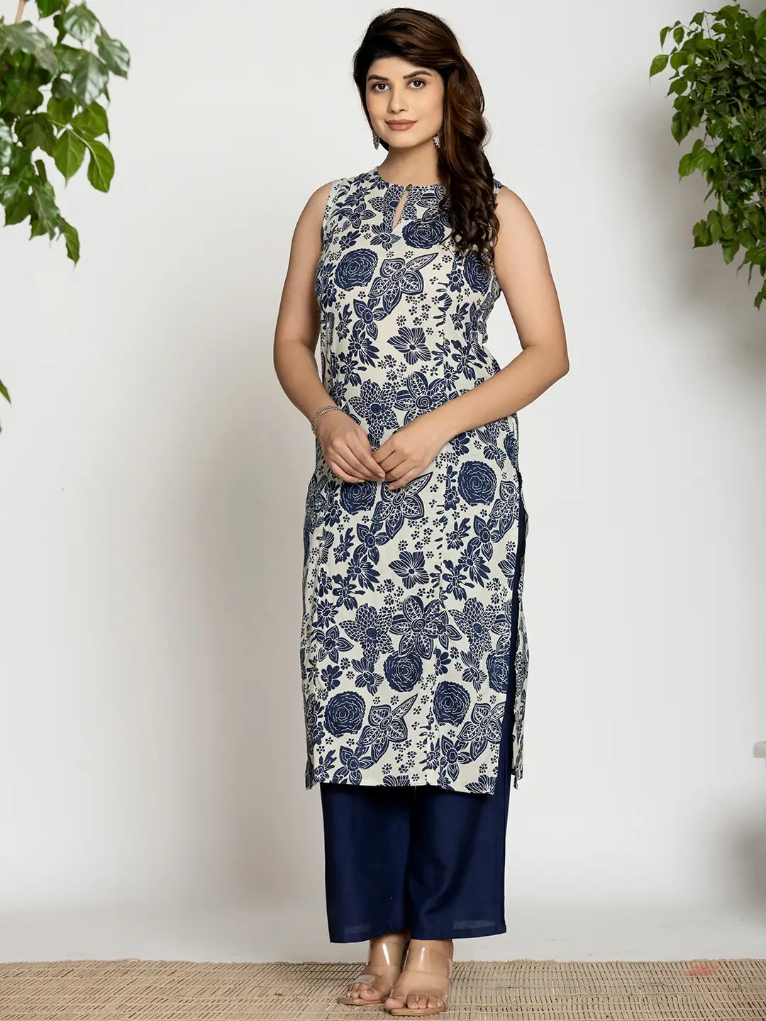 Yufta Blue Cotton Ethnic Motifs Straight Kurta - Swadesiicart