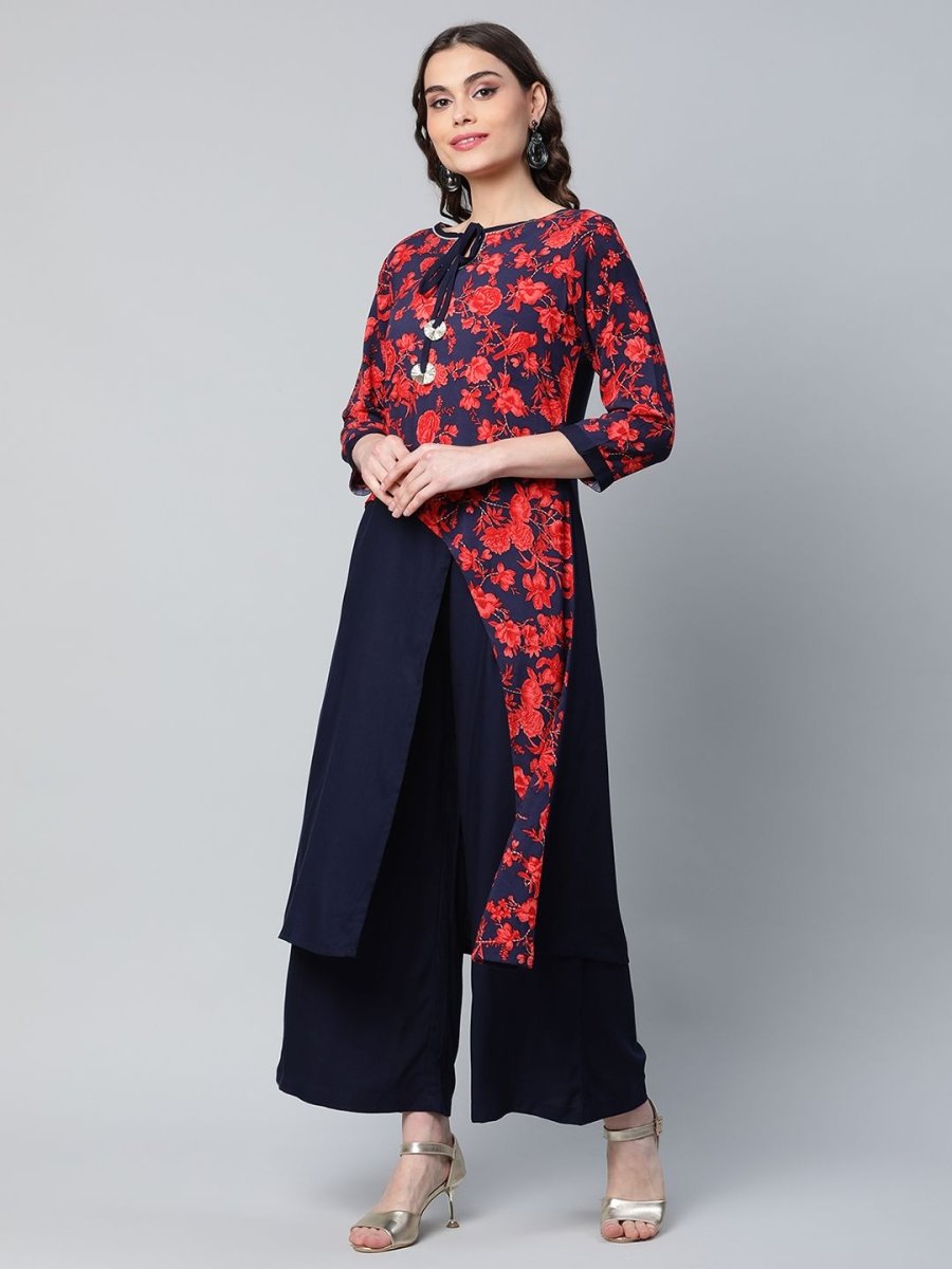 Ahalyaa Women's Navy Blue Rayon Wax Printed Kurta Palazzo Set | Swadesiicart