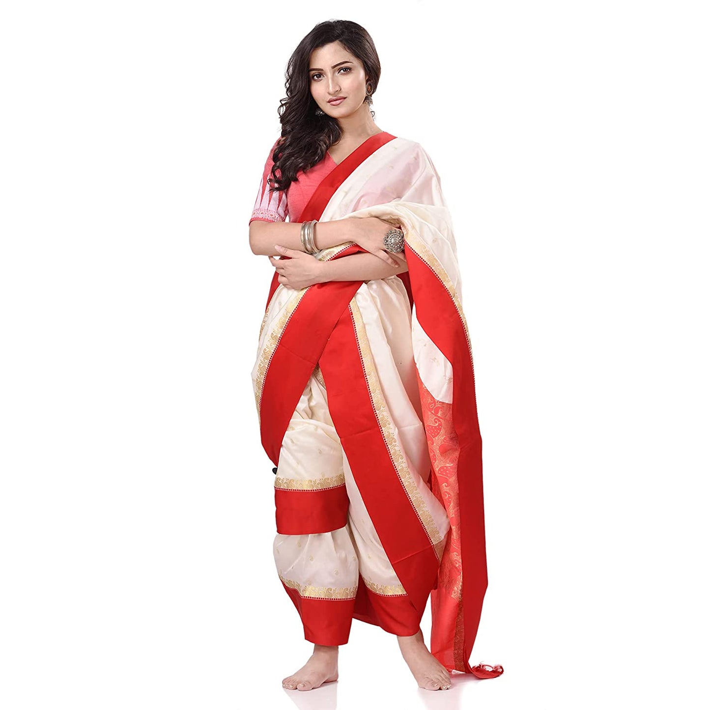 Desh Bidesh Women's Bengal Art Garad Silk Saree Handmade Kalka With Wholebody Design Saree - Swadesiicart