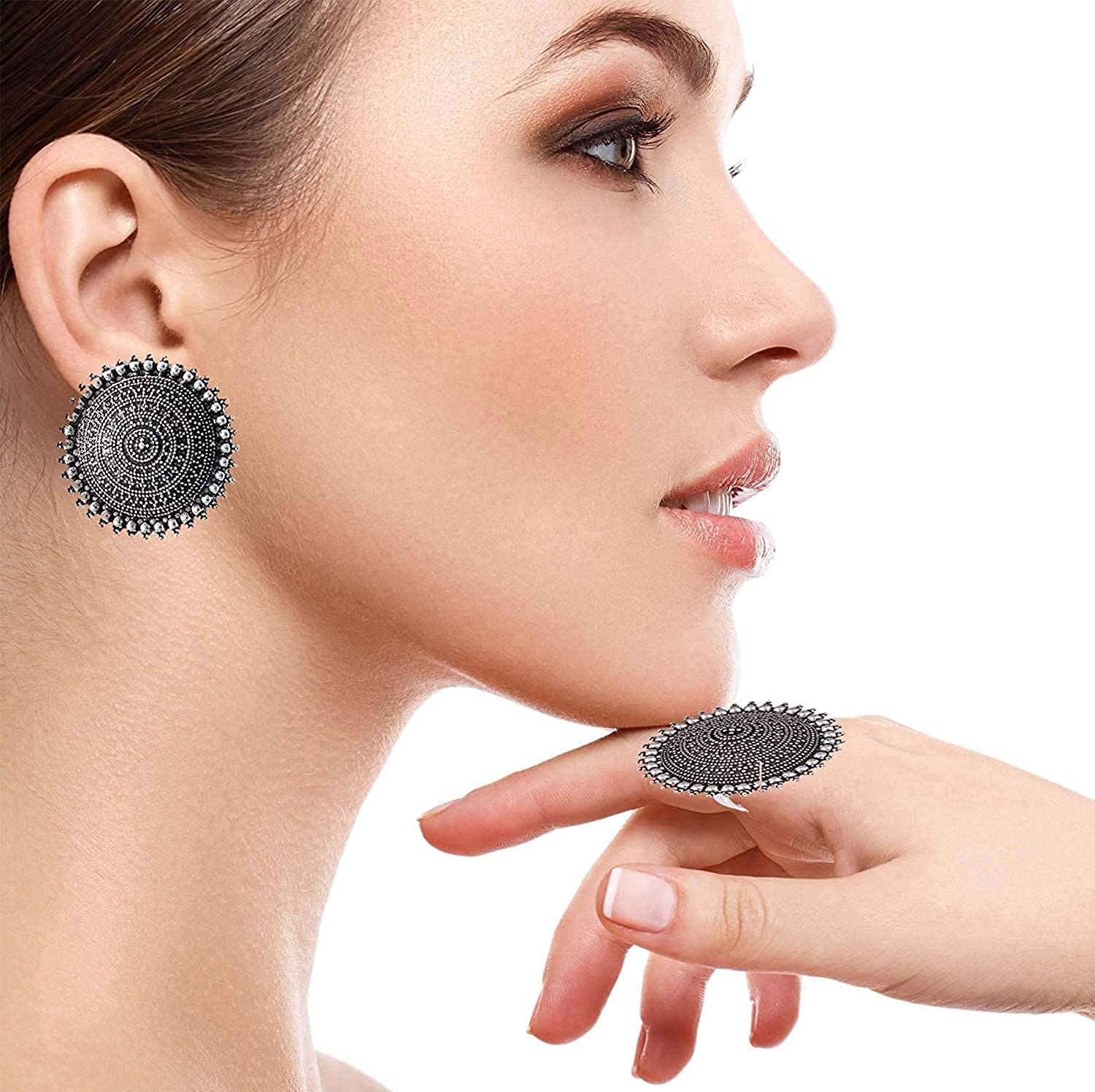 Silver-Plated Alloy Antique Silver Round Earrings With Ring - The Pari - Swadesiicart