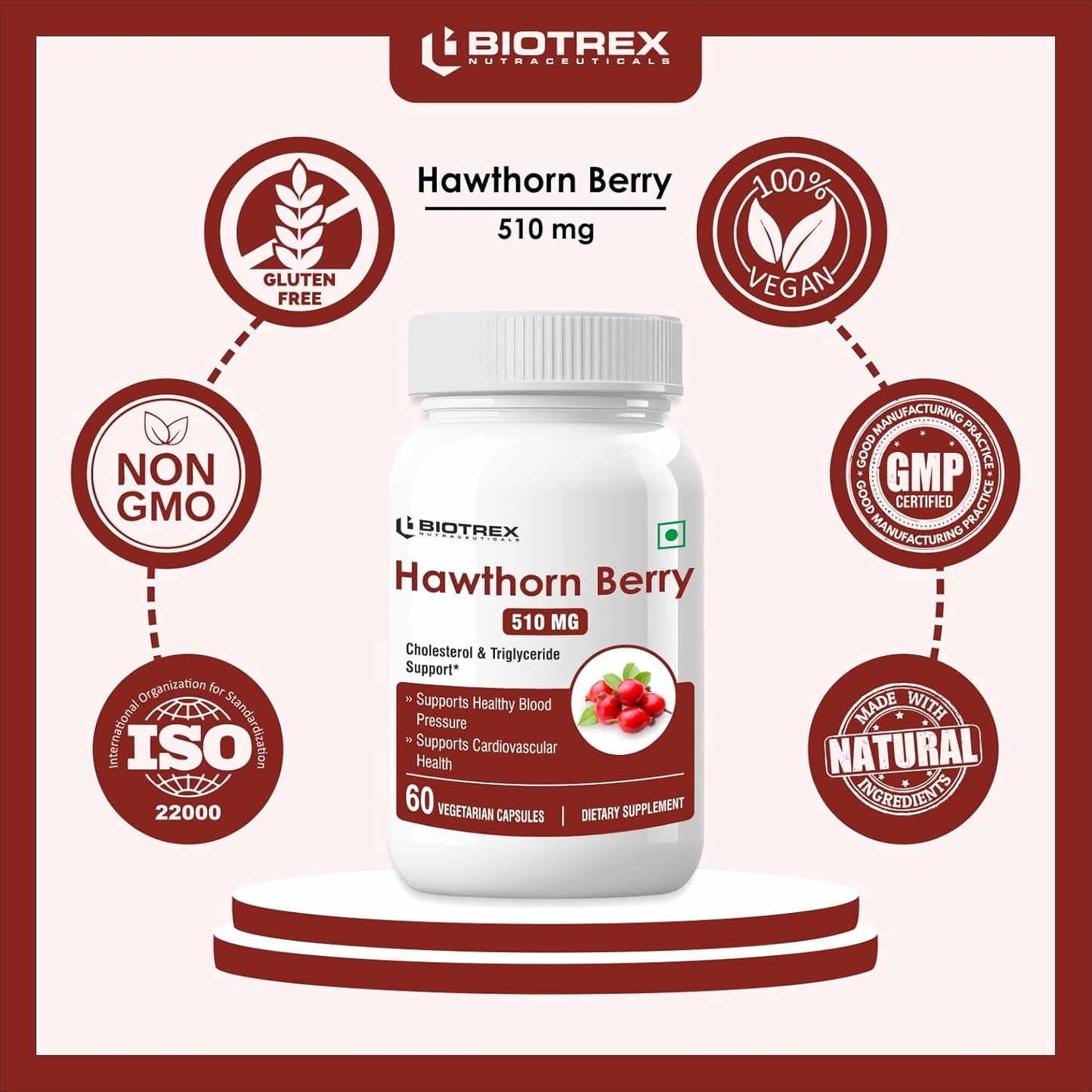 Biotrex Hawthorn Berry 510Mg Veg Capsules - Swadesiicart