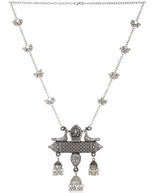 Silver-Plated Alloy Long Designer Oxidised Necklace - The Pari | Swadesiicart
