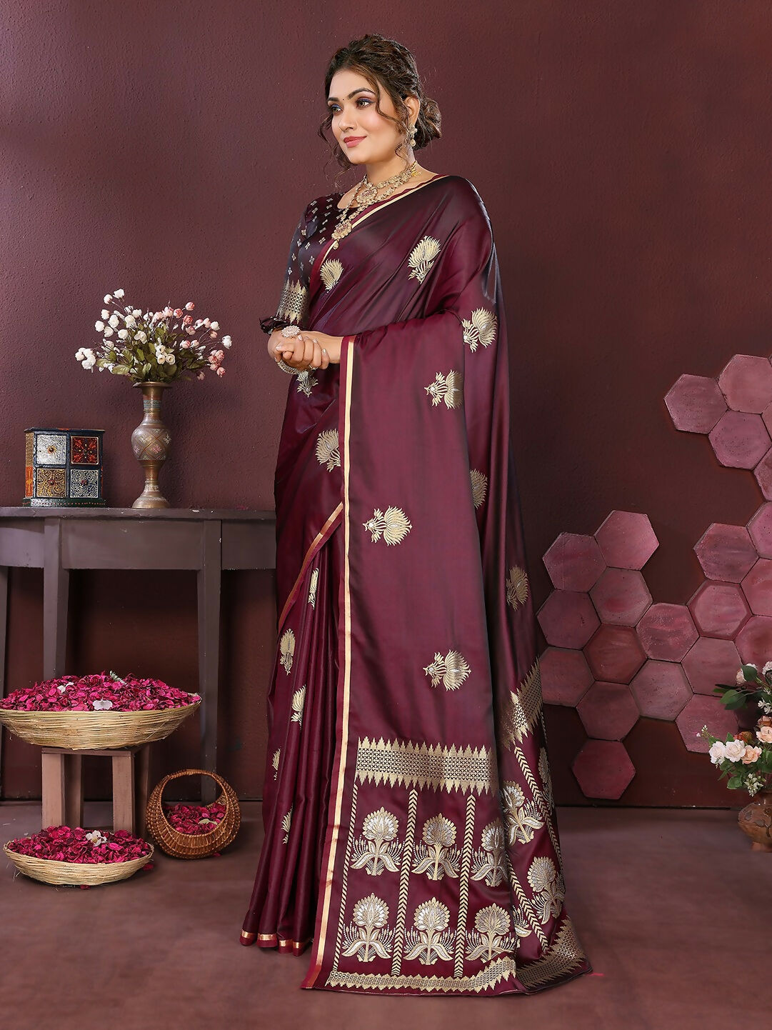 Joban Fashion Wine Floral Motifs Banarasi Silk Sarees | Swadesiicart