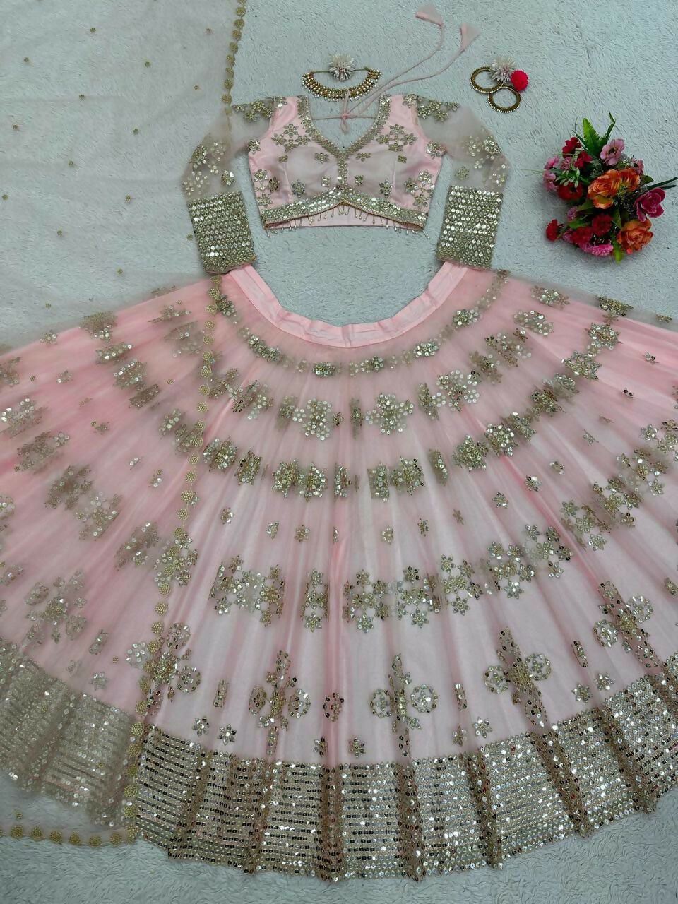 Jyoti Fashion Women's Baby Pink Butterfly Net 9MM Sequins with Thread Embroidered Designer Lehenga Choli Set | Swadesiicart