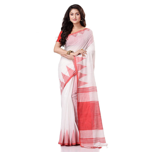 Desh Bidesh Women's Traditional Bengali Handloom Tant Pure Cotton Saree Khadi Temple Par Desigined With Blouse Piece | Swadesiicart