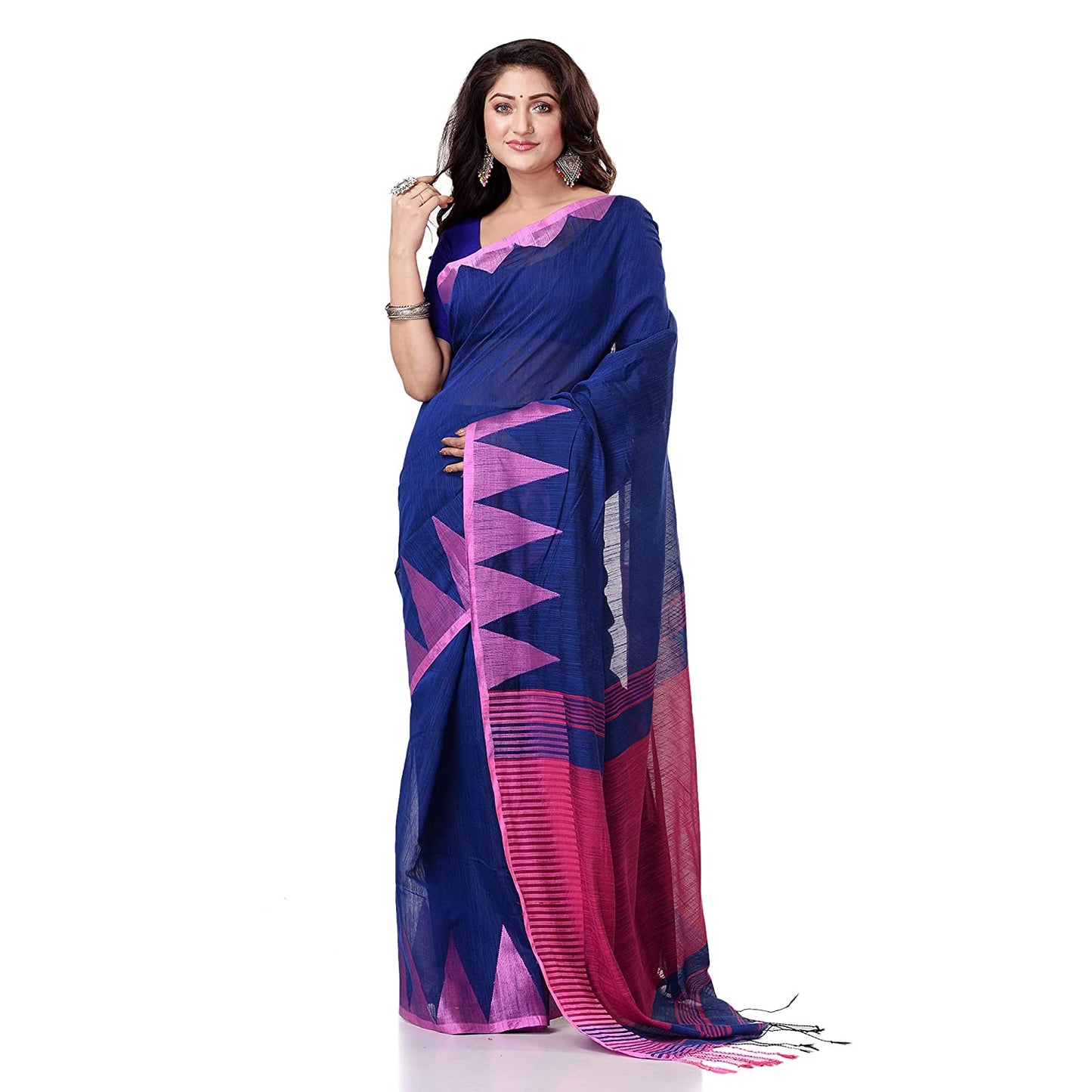Desh Bidesh Women's Traditional Bengali Handloom Tant Pure Cotton Saree Khadi Temple Par Designed With Blouse Piece | Swadesiicart