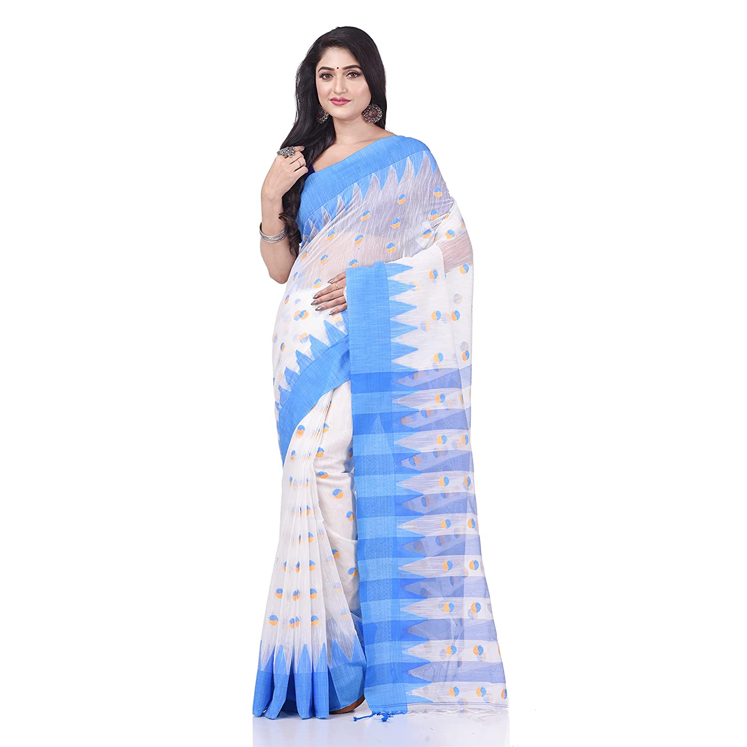 Desh Bidesh Women's Traditional Bengali Handloom Tant Pure Cotton Saree Khadi Bicolor Ball Temple Par Designed With Blouse Piece | Swadesiicart