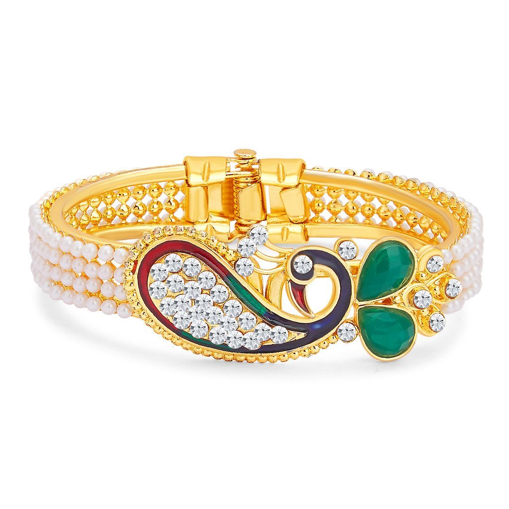 Gold-Polished Alloy Pearl Studded Peacock Enamel Bangle - The Pari - Swadesiicart