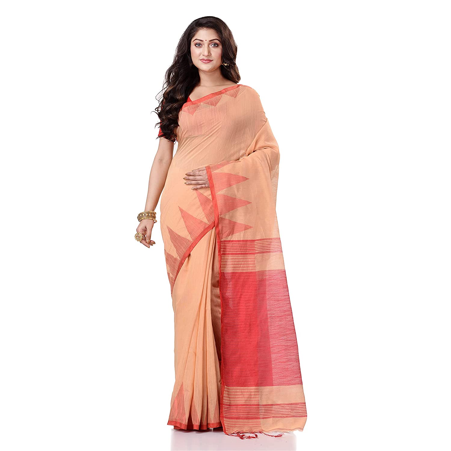 Desh Bidesh Women's Traditional Bengali Handloom Tant Pure Cotton Saree Khadi Temple Par Designed With Blouse Piece | Swadesiicart