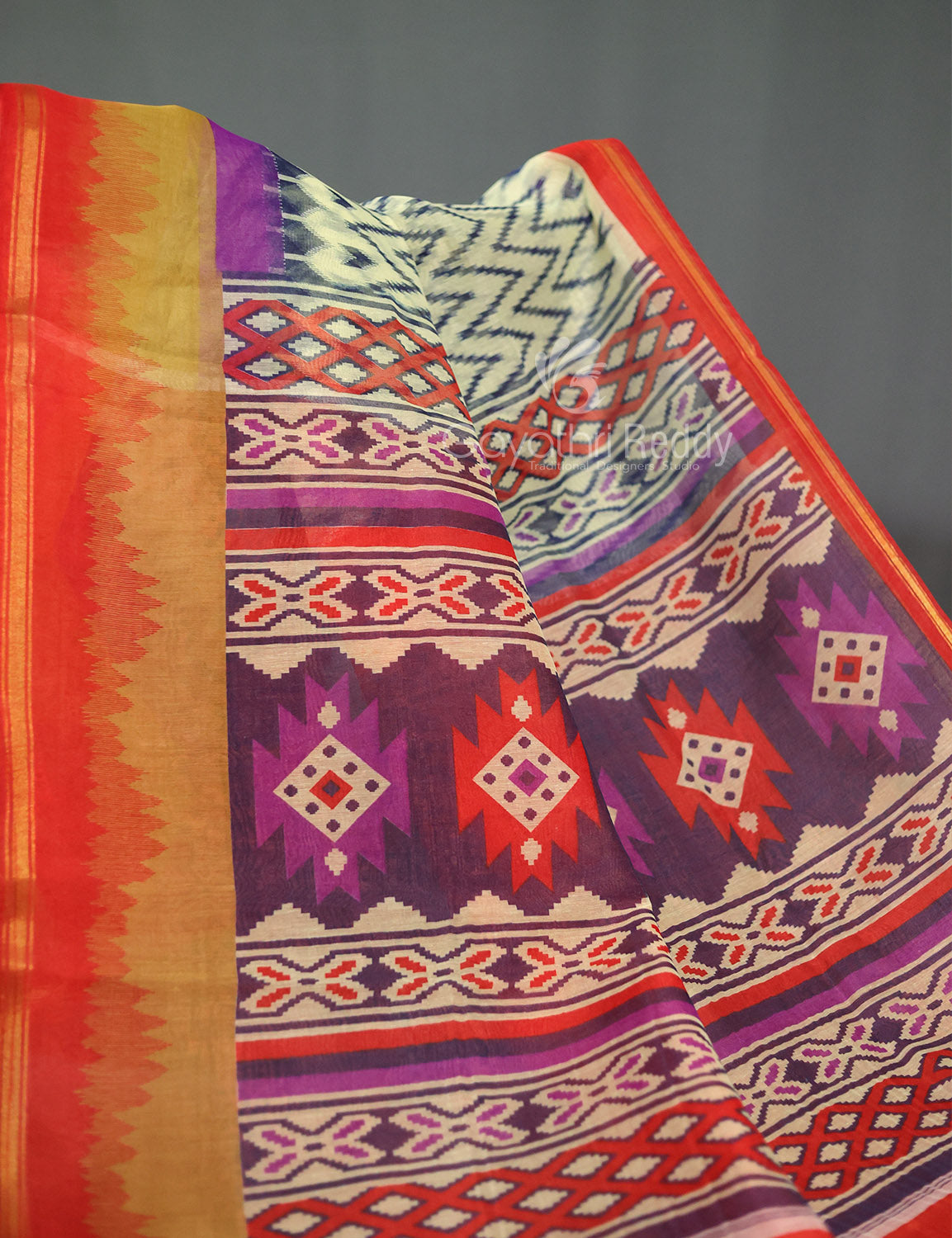 Shades of Light Apple Green And Orange Colour Blouse Ikat Design Semi Chanderi Saree By Gayathri Reddy Designer Studio | Swadesiicart