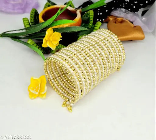 Tehzeeb Creations Women's Spiral Bangle With Golden And White Pearl - Swadesiicart