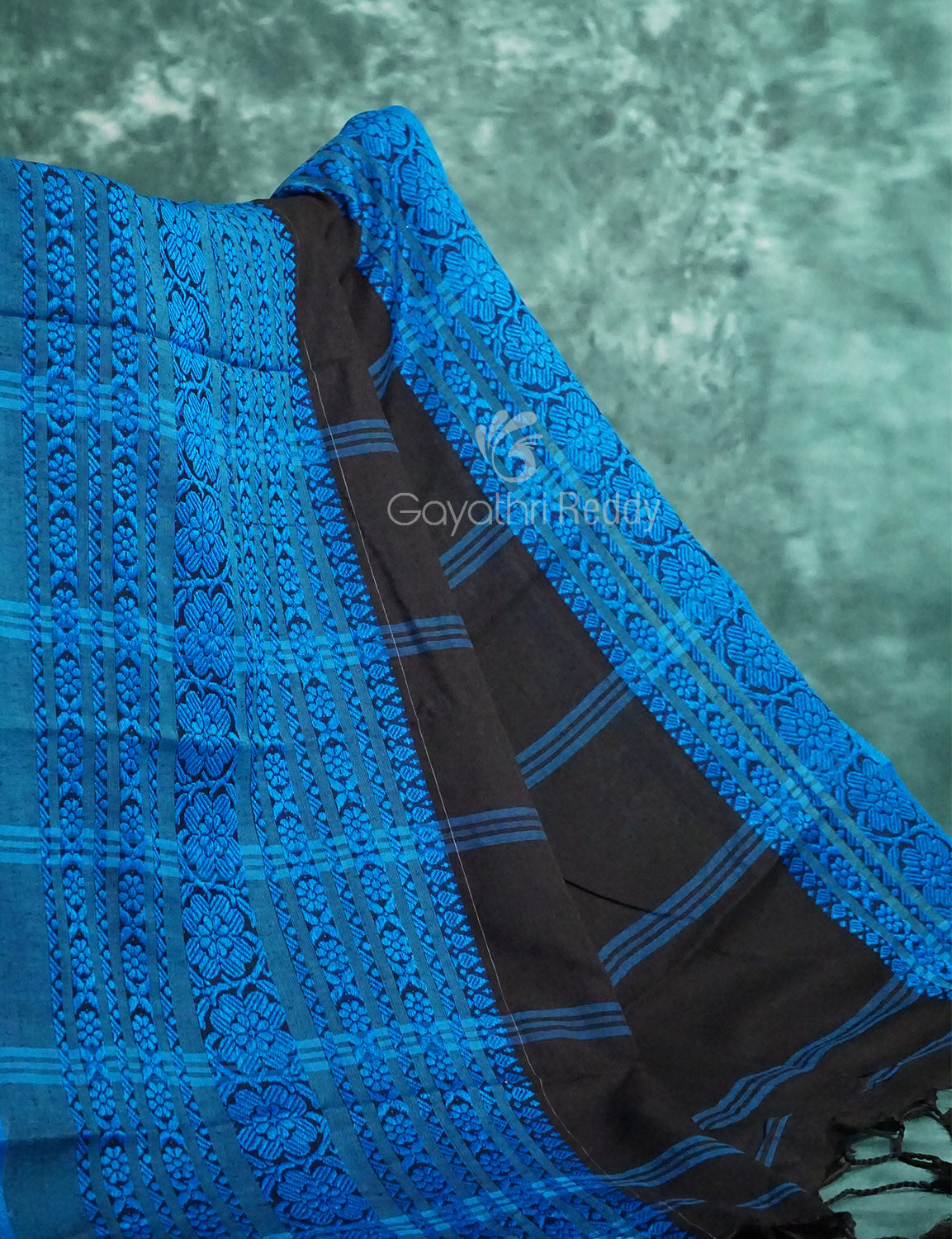 Black And Ink Blue Colour Contrast Thread Border Khadi Cotton Saree By Gayathri Reddy Designer Studio | Swadesiicart
