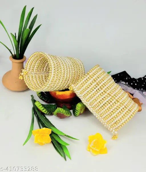 Tehzeeb Creations Women's Spiral Bangle With Golden And White Pearl - Swadesiicart
