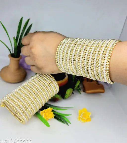 Tehzeeb Creations Women's Spiral Bangle With Golden And White Pearl - Swadesiicart