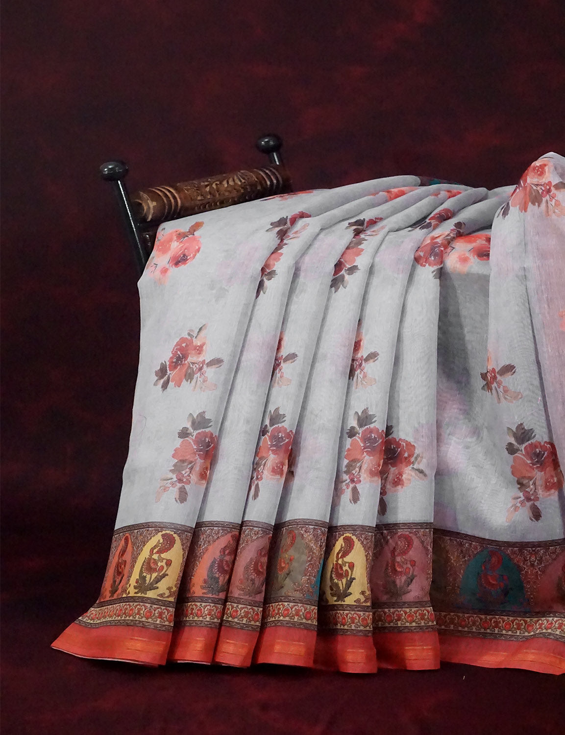 Mix of Grey and Orange Floral Print Semi Chanderi Saree By Gayathri Reddy Designer Studio | Swadesiicart