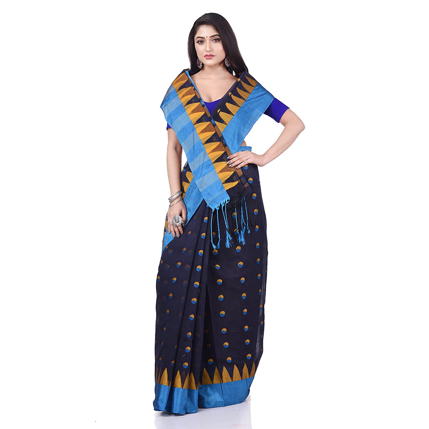 Desh Bidesh Women's Traditional Bengali Handloom Tant Pure Cotton Saree Khadi Bicolor Ball Temple Par Designed With Blouse Piece | Swadesiicart