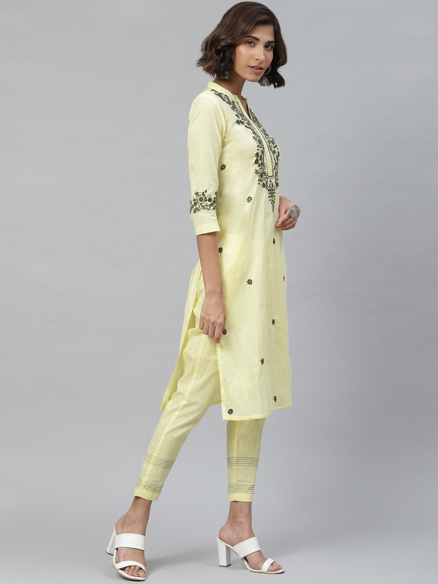 ADA Women Yellow & Olive Green Chikankari Floral Embroidered Sustainable Handloom Kurta with Trousers | Swadesiicart