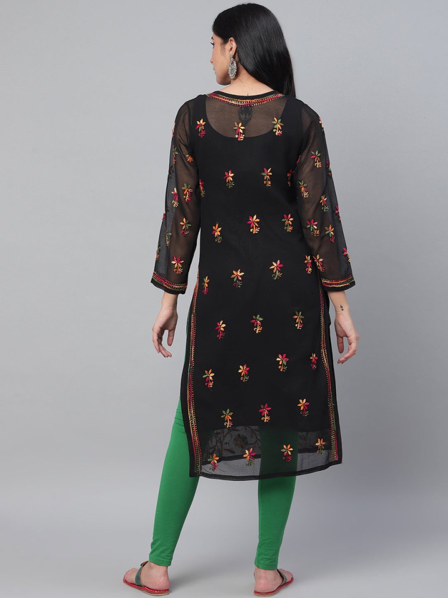 ADA Women Black & Pink Chikankari Hand Embroidered Semi-Sheer Straight Sustainable Kurta With Slip | Swadesiicart