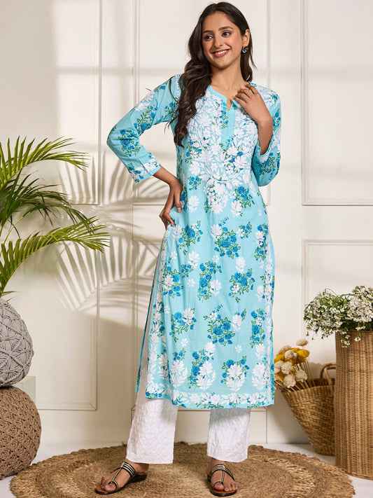 HOUSE OF KARI Floral Embroidered Chikankari Pure Cotton Kurta | Swadesiicart