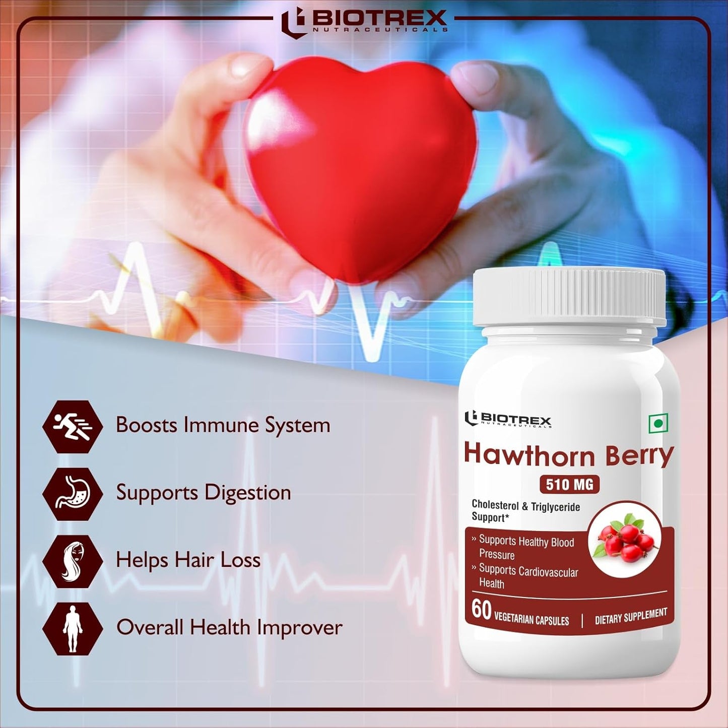 Biotrex Hawthorn Berry 510Mg Veg Capsules - Swadesiicart